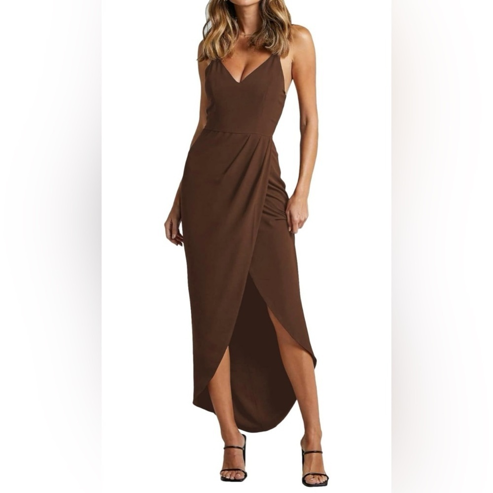 Women's Spaghetti Straps Ruched Wrap Split Hem Sleeveless Zipper Midi Dress, L